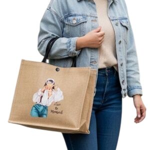 ​Large Natural Jute Burlap Tote / Graphic Shoulder Bag